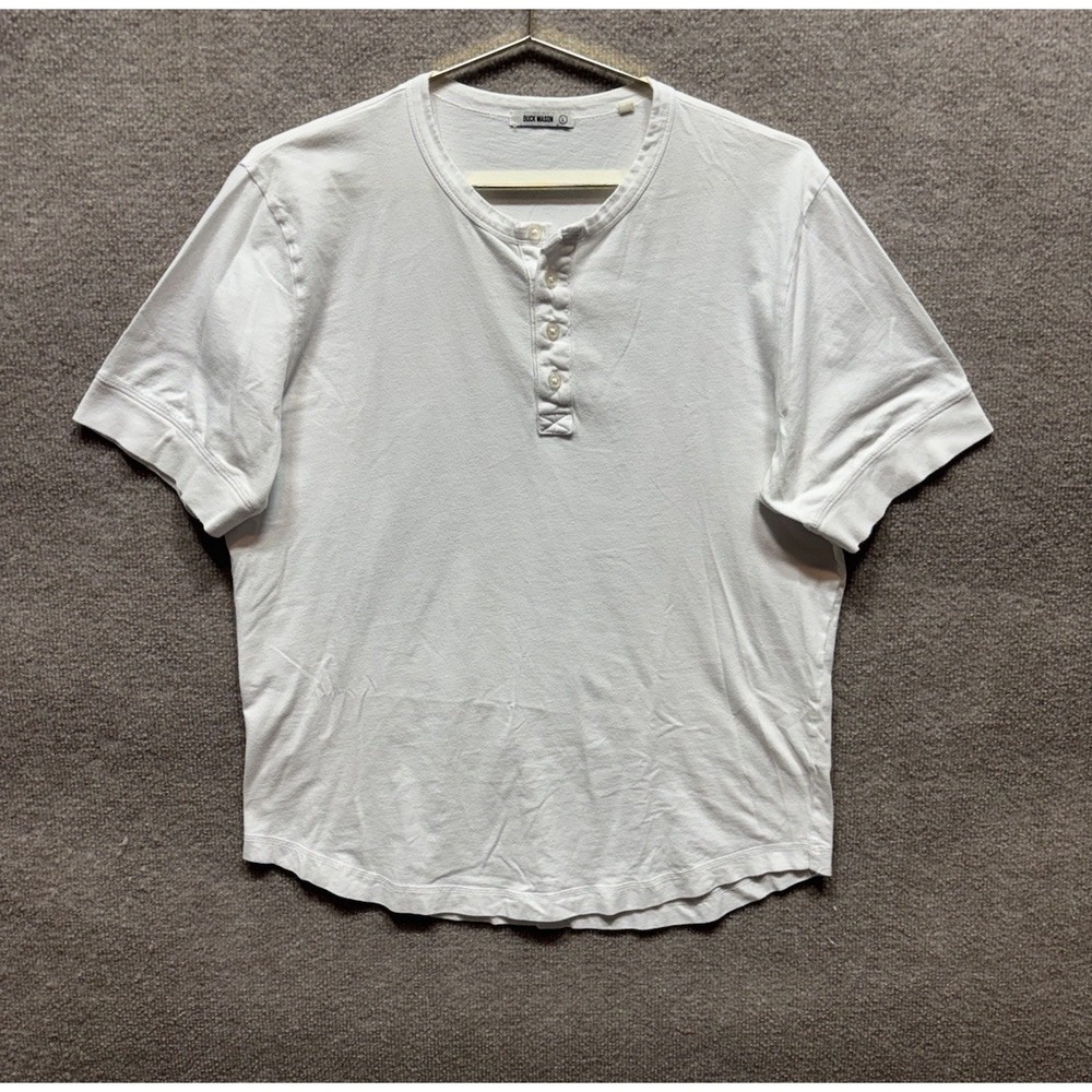 Buck Mason Henley Shirt Mens L White Cotton Curved Hem Short Sleeve Tee EUC